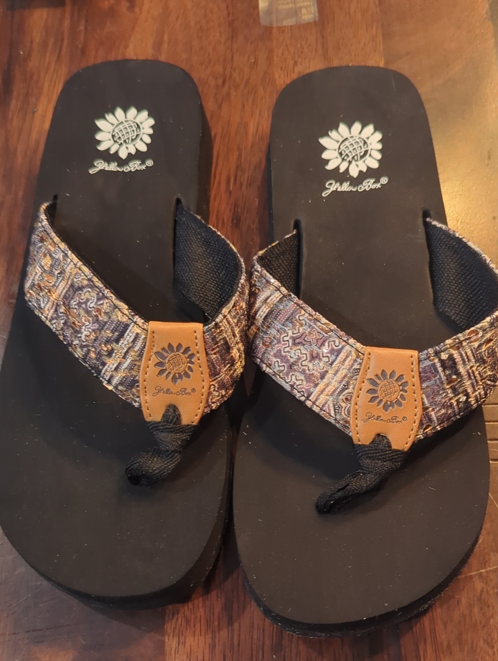 Yellow Box Black Sandals with Multicolor Woven Straps